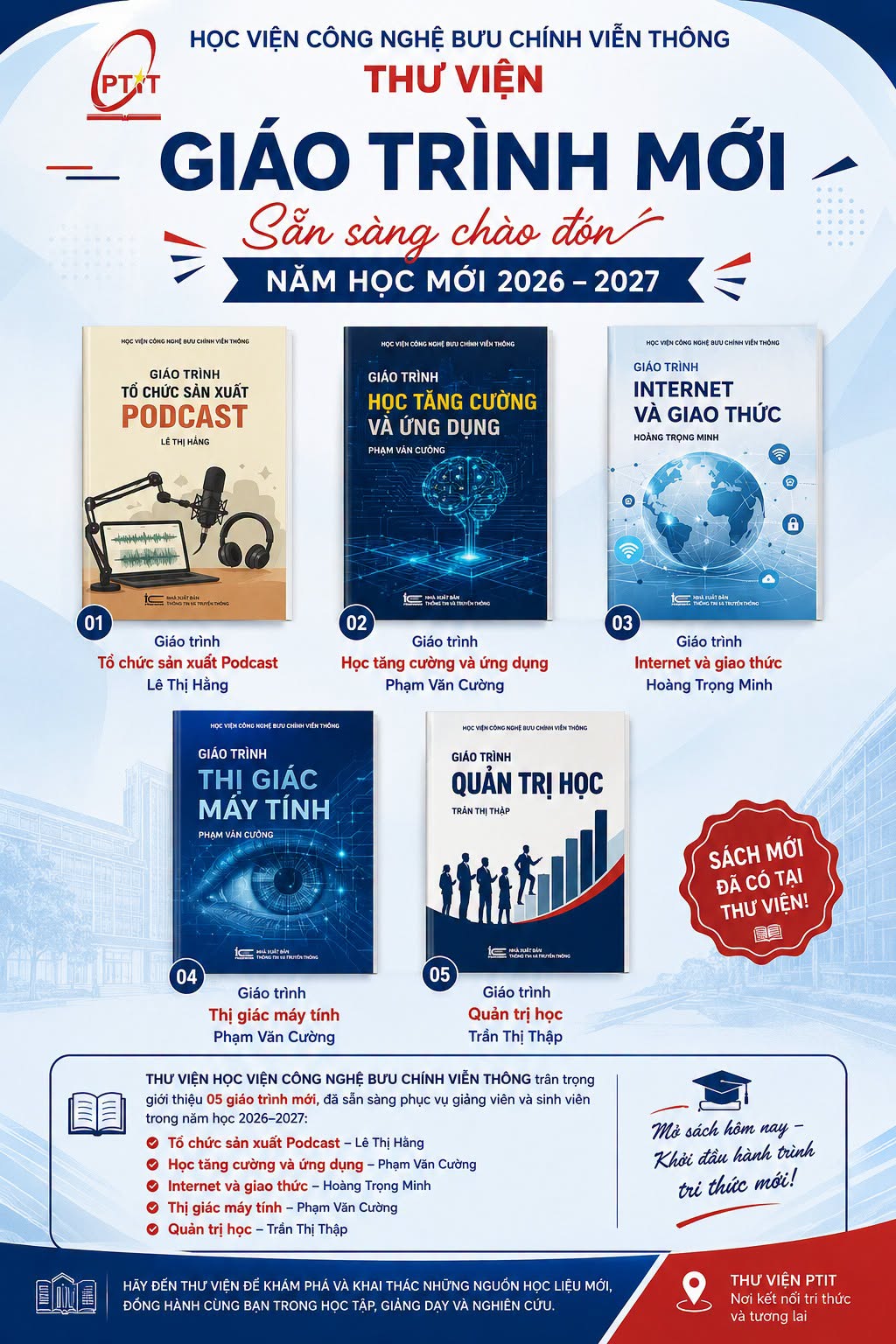 Thư viện Học viện Công nghệ Bưu chính Viễn thông bổ sung 5 giáo trình mới phục vụ năm học 2026–2027